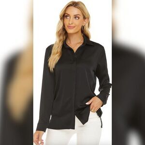 Escalier Satin Button-Up Blouse - Large, Black